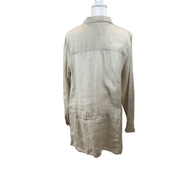Tahari Ivory Linen Button Up Side Slit Long Sleeve Tunic Top Size Medium - Picture 6 of 9